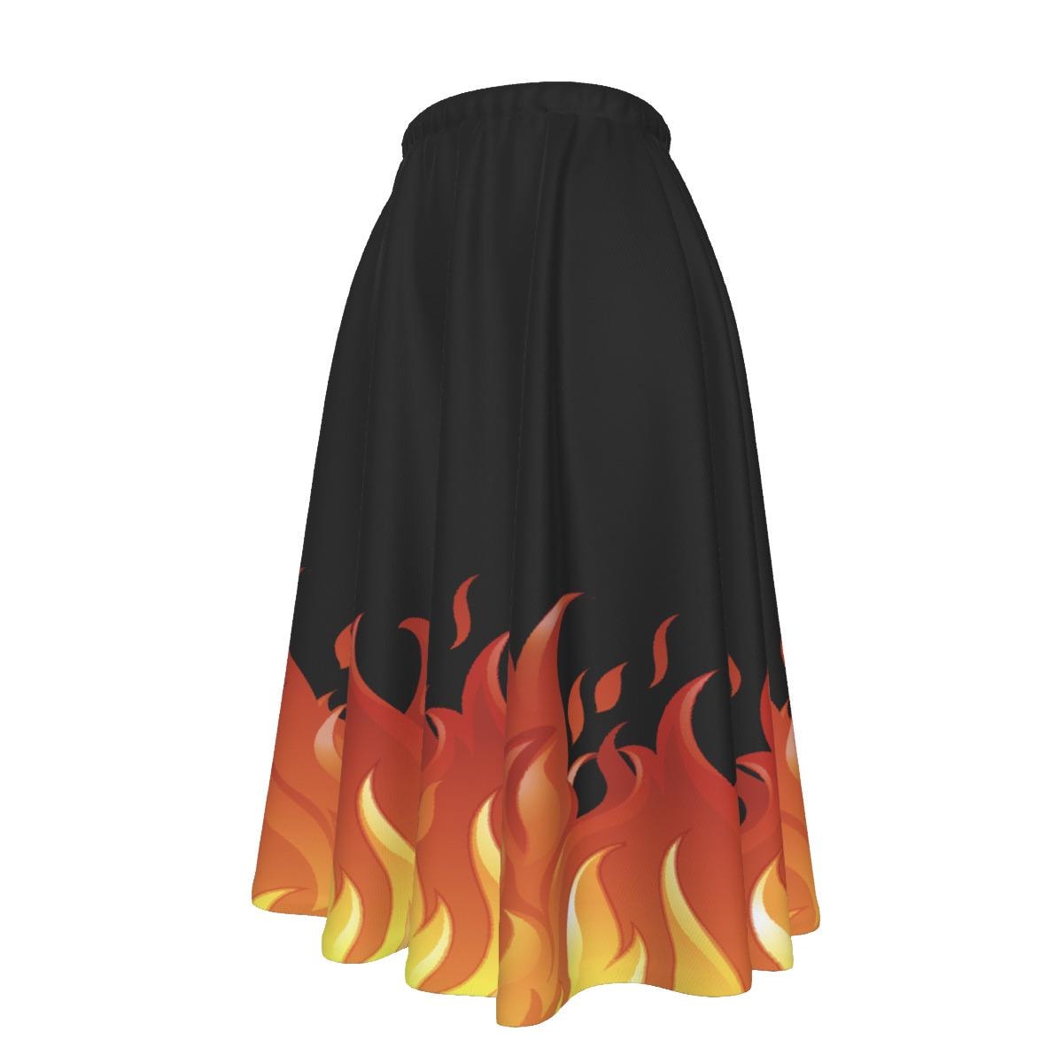 Red Hot Fire | Black Skater Skirt | All-over Print Women's Long