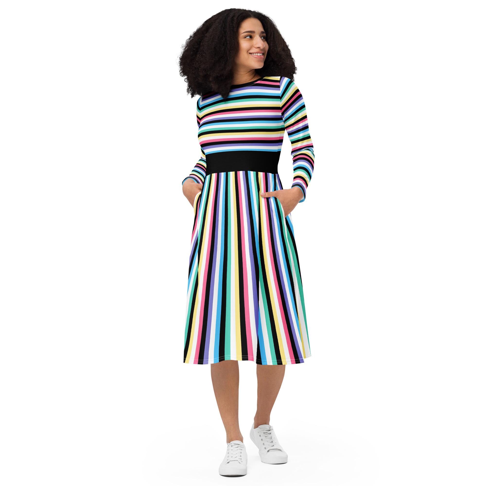 Electric Rainbow Striped All-over Print Long Sleeve Midi Dress (up to 6X) -  Etsy