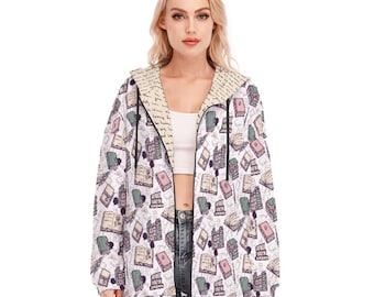 Pretty Book Pattern | Bookworm Library Fan | Writers Authors Teachers | Women's Long Hoodie With Zipper Closure