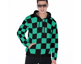 Green & Black Checker Print All-Over Print Zip Up Hoodie With Pocket