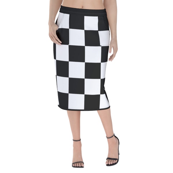 Large Checkered All-Over Print | 4 Color Options | Classic Women's Package Hip Below the Knee Pencil Skirt