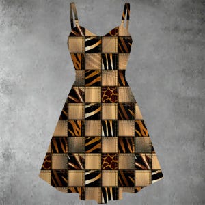 May include: A sleeveless dress with thin straps, featuring a patchwork design. The dress incorporates squares with animal print patterns in shades of brown, black, and tan. The dress has a fitted bodice and a flared skirt, creating a stylish silhouette.