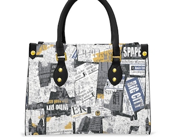 Bolso de tela y cartera plegable con estampado de periódico (estilo grunge)