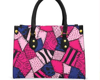 Un bolso de tela Patchwork-Sally (azul marino y rosa) y una cartera plegable.
