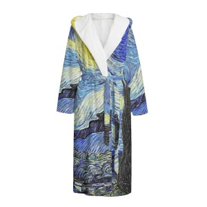 May include: A long, blue and yellow hooded robe with a white interior. The robe features a print of Vincent van Gogh's "Starry Night" painting.