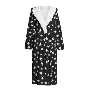 May include: A black hooded robe with a white star pattern. The robe has a white sherpa lining on the hood and a matching tie belt.