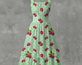 Strawberries & Polka-dots | 3 Pretty Colors! All-Over Print Women‘s Ruffle Hem Dress