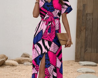 Vestido camisero de mujer con estampado de retazos/muñeca de trapo (6 colores) y cinturón.