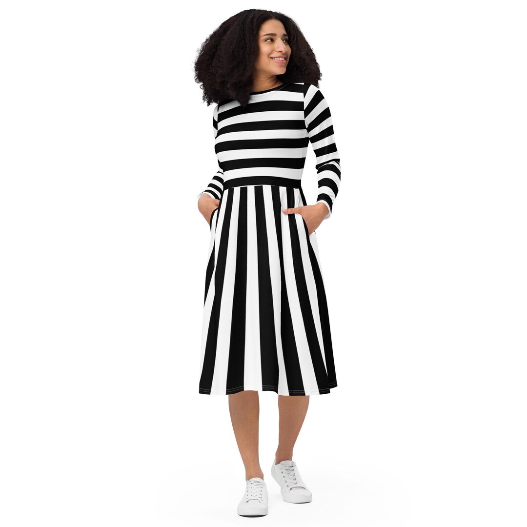 Black & White Stripes All-over print long sleeve midi (up to 6X)