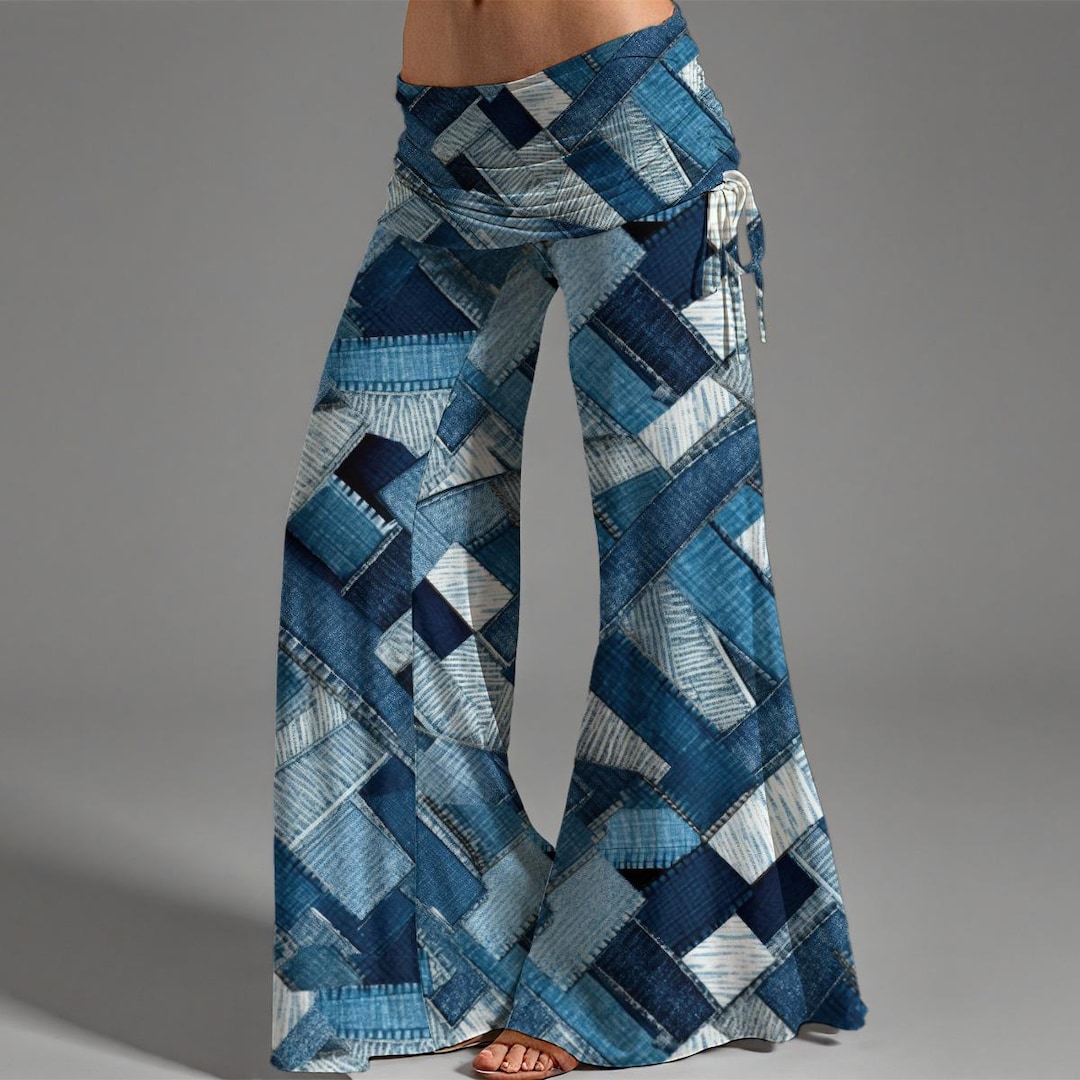 denim wide-leg casual patchwork python pants | wide... Denim Patchwork Prints | 3 Styles! Women's High Waist Wide Leg Pants - Etsy