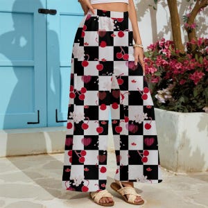 4 Fruit Checker Prints | Cherry, Watermelon, Blue Banana, Lemon Lime | Women&#39;s Lightweight Wide-Leg Pants With Pockets