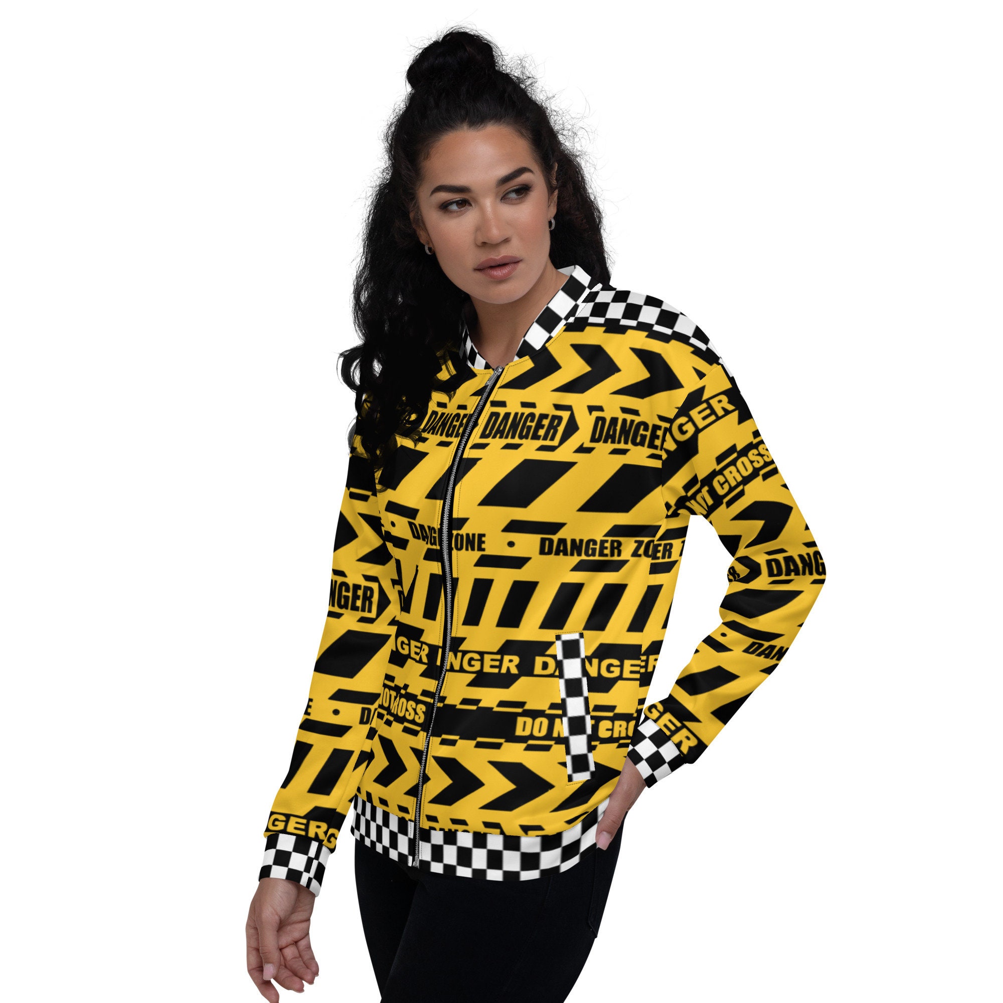 Caution Tape Yellow Racer Checker Print Bomber Jacket - Etsy