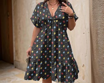 Cute Book Pattern | Literary Novel Print | Bookworm Library Fan | Women’s Floral V-Neck Short Sleeve Dress