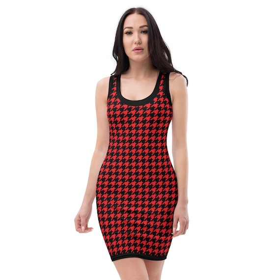 Houndstooth Red & Black Print Bodycon Dress