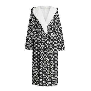 May include: A black and white hooded robe with a white fleece lining. The robe has a repeating pattern of white XOXO symbols.