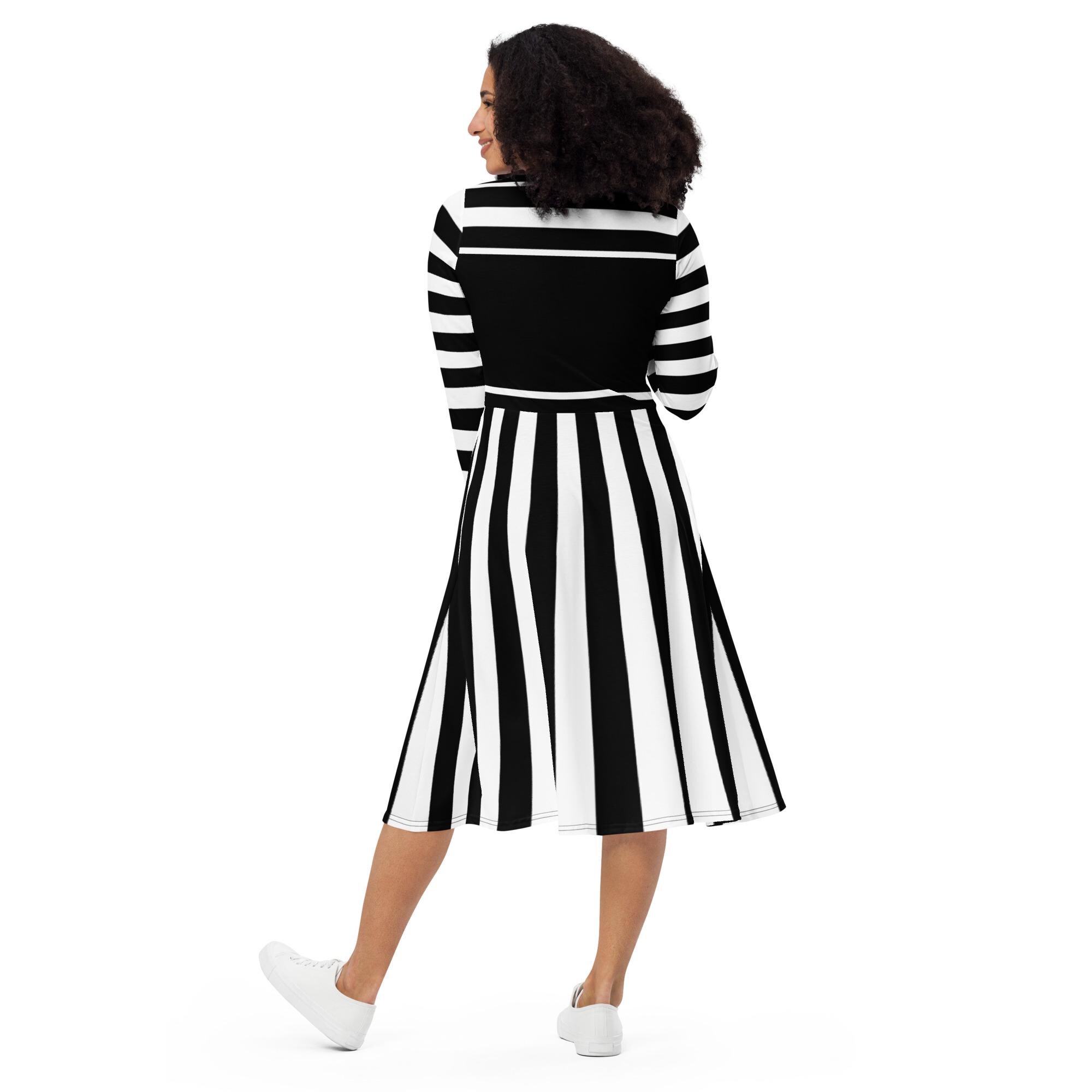 Black & White Striped All-over print long sleeve midi dress (up to 6X) Black & White Striped All-over print long sleeve midi dress (up to 6X)