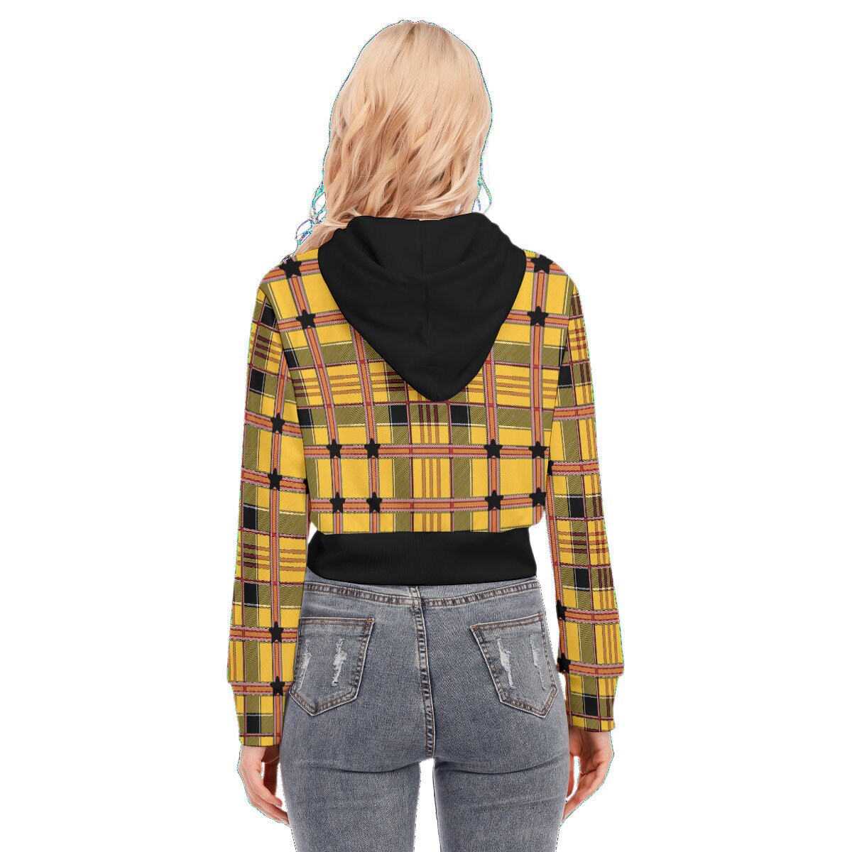 Yellow Plaid & Stars All-over Print Women's Crop Top Hoodie