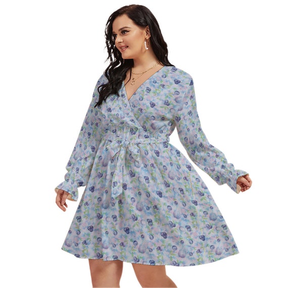 knee length dresses for ladies Pleated dress with blue blueberry leaf print  GUNTINA