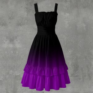 May include: A black and purple ombre dress with a square neckline and spaghetti straps. The dress has a fitted bodice and a flared skirt with layered ruffles at the hem. The colour transitions from black at the top to purple at the bottom.