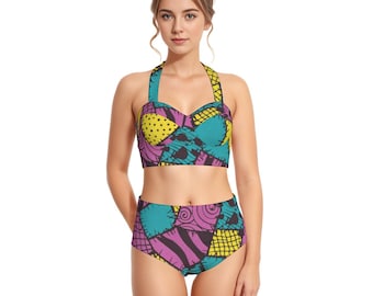 Conjunto de traje de baño para mujer con estampado de patchwork/muñeca de trapo (4 colores) y cuello halter.