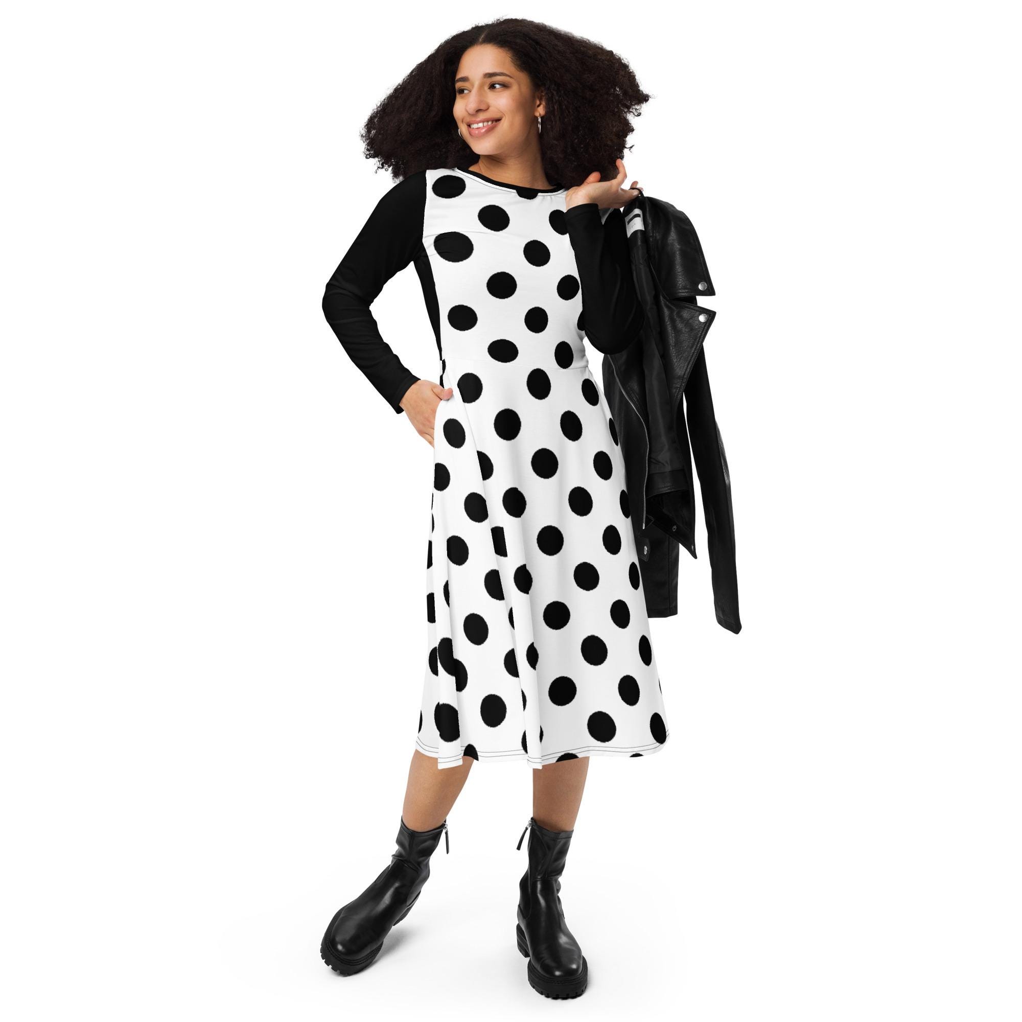 Big Polka-dot | Black & White | Long Sleeve Midi Dress (up to 6X) - Etsy