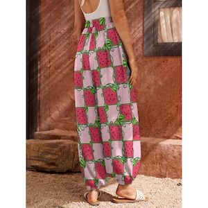 Pink Checkered Print Watermelon Vine Pattern | All-Over Print Women's Carrot Pants with Pockets