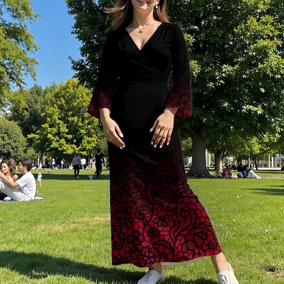 chinese dress ladies Black corset lace dress adorned with vibrant red rhinestone chainmail flower