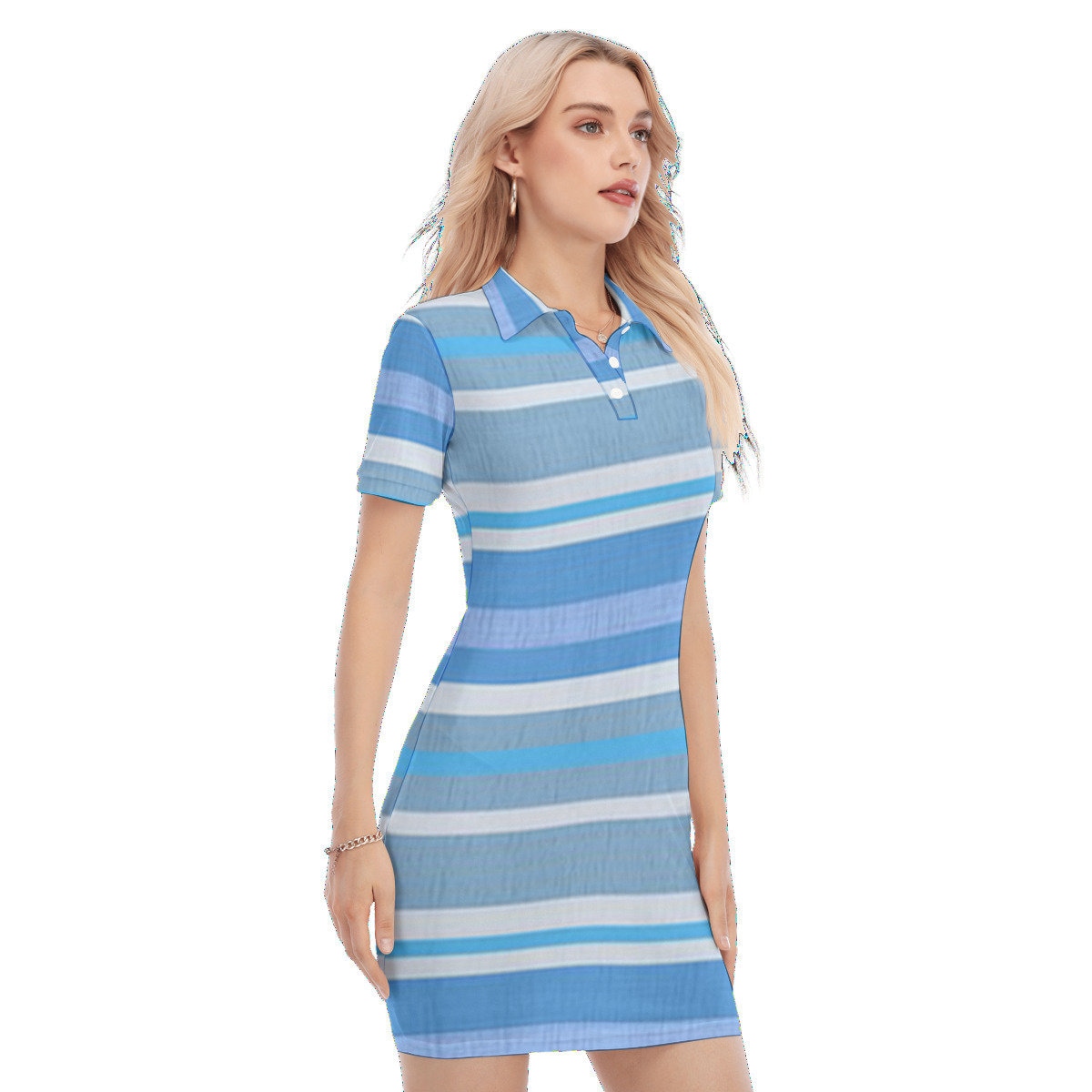 Shades of Pink Stripes All-over Print Women's Polo Collar Dress