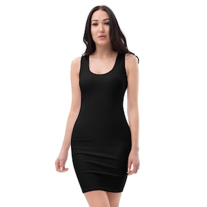 May include: A black sleeveless dress with a scoop neck. The dress is fitted and has a simple design.
