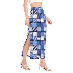 Patchwork (Denim Blue) Print | Checker Patches Pattern | Women's Side Slit Skirt