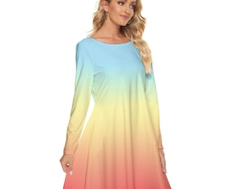 Blue Ombre Gradient Dress: Long Sleeve Mini Party Dress
