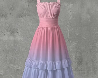 Vestido de mujer con bajo con volantes y efecto degradado rosa y morado