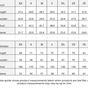 Puede incluir: Tabla de tallas para ropa en pulgadas y cent&iacute;metros. La tabla muestra las medidas para las tallas XS, S, M, L, XL, 2X, 3X y 4X. Las medidas se indican para la longitud, el hombro, el busto y la manga.
