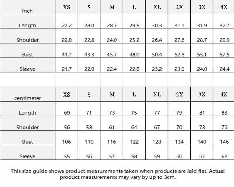 Puede incluir: Tabla de tallas para ropa en pulgadas y cent&iacute;metros. La tabla muestra las medidas para las tallas XS, S, M, L, XL, 2X, 3X y 4X. Las medidas se indican para la longitud, el hombro, el busto y la manga.