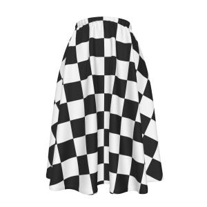 May include: A black and white checkered skirt. The skirt has a high waist and a flared, A-line silhouette. The pattern is a classic checkerboard design, with alternating black and white squares.