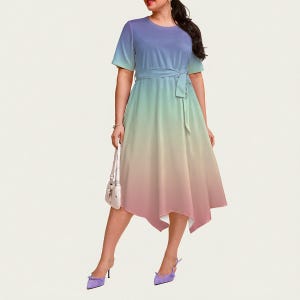 knee length dresses for ladies Green-Blue Ombre Dyed Handloom Pure Linen Collared Long Dress With Sho main image 1