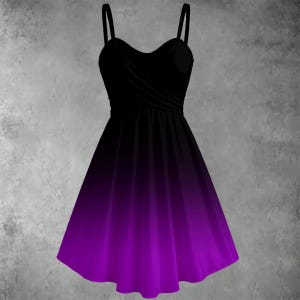 May include: A black and purple ombre dress with thin straps. The bodice is black, featuring a sweetheart neckline and a ruched detail. The skirt fades from black to a bright purple.