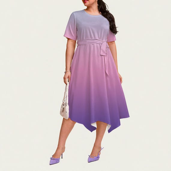 Midi Dress Pink And Purple Ombre Dress Elegant Pink Ombre Lovely Styles!  All-over Print Women's Short