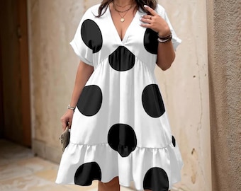 Big Polka-Dots! | Women’s Floral V-Neck Short Sleeve Dress