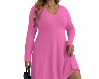 Vestido de mujer con escote en V, manga larga y cintura imperio, color rosa vibrante