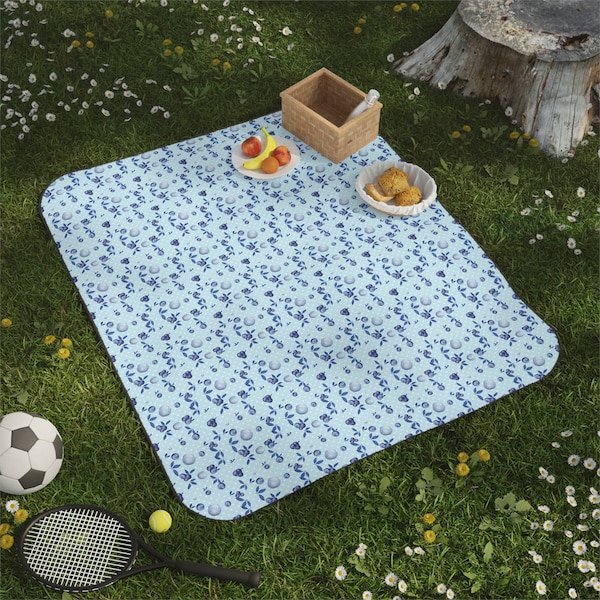 Berry Blue | Blueberries & Hearts All-Over Print | Soft Summer Sky Blue | So Pretty | Picnic Blanket