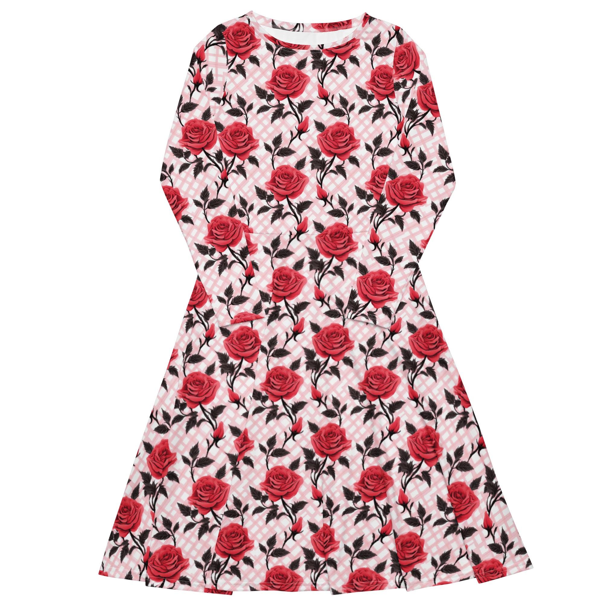 Red Roses Over Pink | Floral Print | All-over Print Long Sleeve Midi Dress  (up to 6X) - Etsy