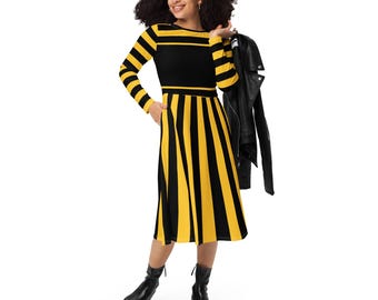 Lady Bumblebee | Yellow & Black Stripes | All-over print long sleeve midi dress (up to 6X)