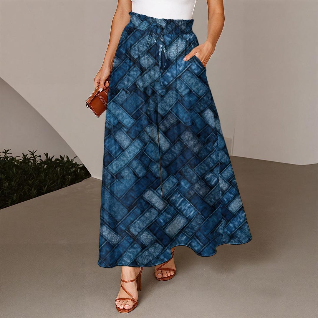 denim wide-leg casual patchwork python pants | wide... Denim Patchwork Prints | 4 Styles! Women's Ruffled Wide-leg Pants - Etsy