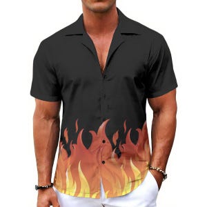 May include: Black short-sleeve shirt with a flame design at the bottom. The flames transition from yellow to orange and red. The shirt has a classic collar and button-up front.
