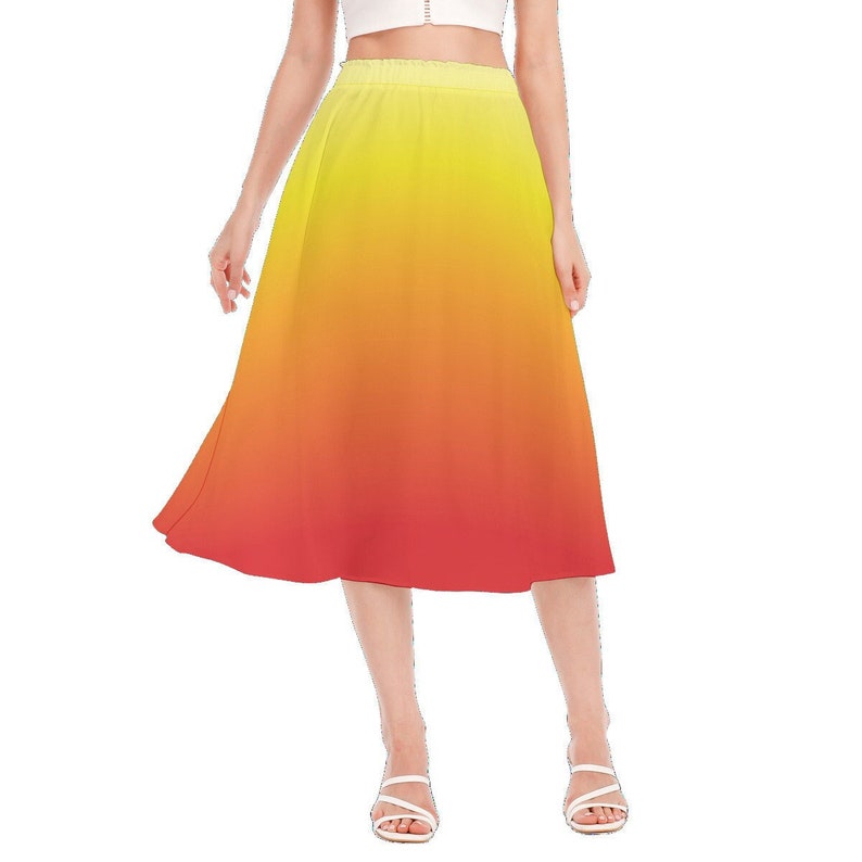 May include: A yellow, orange, and red ombre midi skirt with a high waist and a flowy silhouette.