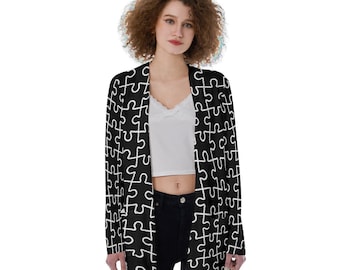 Black & White Puzzle Piece Pattern All-Over Print Women's Patch Pocket Thin Lightweight Cardigan