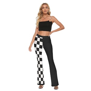 May include: Black and white checkered flared pants with a black top half and a white checkered bottom half.