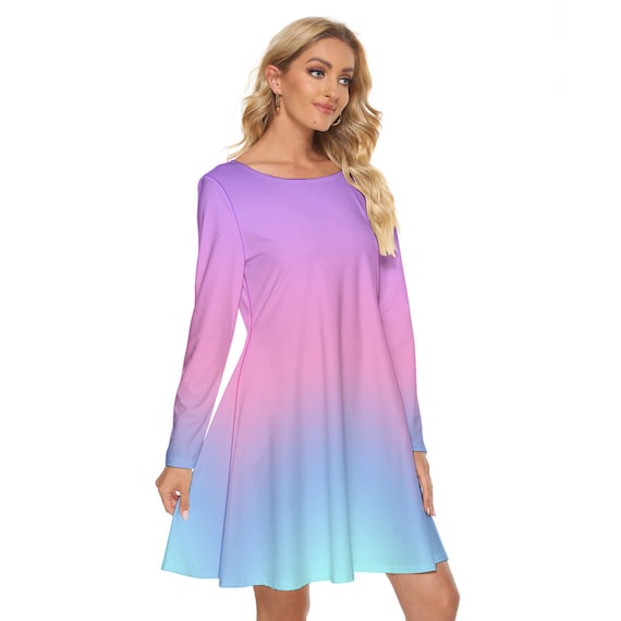 Ombre Pink Purple Blue Dress Blue/Purple Ombre Tulle Prom Dress, V Neck  Lace Appliqued Pageant