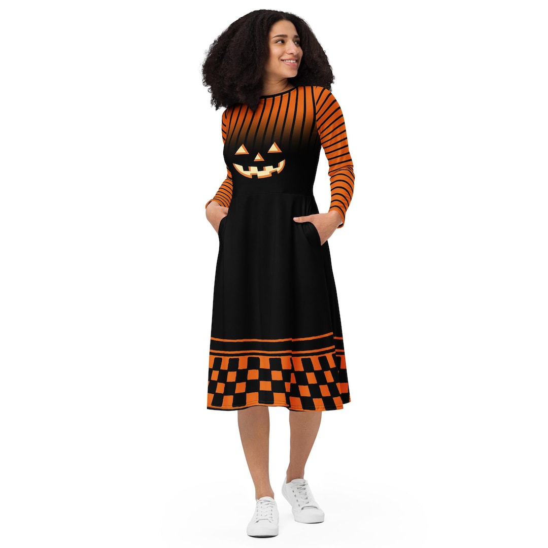 Pumpkin Queen | Stripes & Checkers | Black and Orange Ombre | All-over  Print Long Sleeve Midi Dress - Etsy
